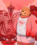  1boy amo_(thatdouginme) amusement_park animal_ears bara bear_boy bear_ears belly brown_fur carousel closed_eyes doug_(thatdouginme) ferris_wheel fountain furry furry_male hands_in_pockets heart highres jacket male_focus open_clothes open_jacket open_mouth original pink_jacket plump shirt short_hair shorts smile solo thick_eyebrows tower two-tone_fur white_shirt 