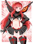  1boy 1girl alien ass_visible_through_thighs black_thighhighs breasts cosplay cowboy_shot curvy elbow_gloves fang garter_straps gloves hand_on_own_hip highres horns kill_la_kill life_fiber living_clothes long_hair looking_at_viewer lum matoi_ryuuko matoi_ryuuko_(cosplay) medium_breasts microskirt midriff multicolored_hair navel oni oni_horns plump pointy_ears red_background red_eyes red_hair revealing_clothes senketsu showgirl_skirt skirt starry_background thick_thighs thighhighs thighs toyishiki_shizuoka underboob urusei_yatsura 