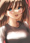  1girl absurdres aozaki_aoko aqua_eyes blush breasts brown_hair commentary_request giruminasu grey_shirt highres lips long_hair looking_at_viewer mahou_tsukai_no_yoru medium_breasts open_mouth pink_lips red_background shirt simple_background smile solo teeth upper_body very_long_hair 