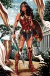  1girl amphora black_hair blue_sky boots circlet dc_comics european_architecture holding holding_shield holding_sword holding_weapon long_hair markbrooksart outdoors plant shield sky sword tree weapon wonder_woman 