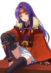  1girl :o black_thighhighs commentary_request curtained_hair detached_sleeves fire_emblem fire_emblem:_radiant_dawn fire_emblem_heroes fur_trim headband highres labebebe_lee long_hair looking_at_viewer ninja obi official_alternate_costume open_mouth purple_hair red_headband sanaki_kirsch_altina sanaki_kirsch_altina_(ninja) sash simple_background sitting solo thighhighs white_background yellow_eyes 