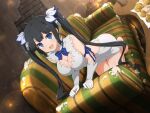  1girl arm_ribbon barefoot black_hair blue_eyes blue_ribbon blush breasts broken_furniture cleavage cleavage_cutout clothing_cutout couch damaged dress dungeon_ni_deai_wo_motomeru_no_wa_machigatteiru_darou_ka food gloves hair_ornament hair_ribbon hestia_(danmachi) large_breasts long_hair looking_at_viewer official_art on_couch open_mouth pencil_dress rei_no_himo ribbon senran_kagura senran_kagura_new_link smile solo third-party_source twintails white_dress white_gloves yaegashi_nan 