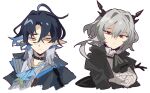  1boy 1girl ahoge arknights ascot black_ascot black_choker black_jacket blue_ascot blue_hair center_frills choker closed_mouth colored_inner_hair earrings freckles frills grey_hair highres horns infection_monitor_(arknights) jacket jewelry juliet_sleeves long_sleeves lumen_(arknights) multicolored_hair orange_eyes puffy_sleeves red_eyes shell shell_earrings shirt sidelocks simple_background south_ac talulah_(arknights) white_background white_shirt 