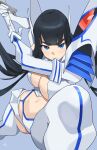  1girl absurdres black_hair blue_background blue_eyes breasts cleavage closed_mouth gloves highres kill_la_kill kiryuuin_satsuki large_breasts long_hair looking_at_viewer simple_background solo t-lex thick_eyebrows white_gloves 