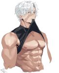  003_ssq 1boy abs bara bare_pectorals clothes_in_mouth cropped_torso highres large_pectorals long_sideburns looking_at_viewer male_focus mouth_hold muscular muscular_male navel nipples one_eye_closed original pectorals scar scar_on_cheek scar_on_face shirt shirt_in_mouth short_hair sideburns sleeveless sleeveless_shirt solo stomach thick_eyebrows tsurime white_hair 