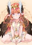  1girl armlet blue_eyes brown_wings circe_(fate) closed_mouth dot_nose fate/grand_order fate_(series) feathered_wings gold_necklace head_wings jewelry kaisanbutsu light_brown_background long_hair looking_at_viewer navel necklace pink_hair pointy_ears sitting smile solo thighlet very_long_hair wings 