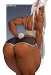  1girl absurdres animal_ears ass ass_focus bare_shoulders black_shorts boku_no_hero_academia border breasts cromwellb dark-skinned_female dark_skin dolphin_shorts from_behind hands_on_own_hips highres huge_ass large_breasts leaning_forward long_eyelashes long_hair looking_at_viewer median_furrow mirko parted_bangs rabbit_ears rabbit_girl rabbit_tail red_eyes short_shorts shorts smile solo tail tail_through_clothes tank_top thick_thighs thighs toned twitter_username white_border white_hair white_tank_top 