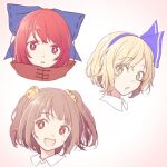  3girls alice_margatroid alice_margatroid_(pc-98) bell blonde_hair blue_bow blue_hairband blush bow brown_hair cape hair_bell hair_bow hair_ornament hairband jingle_bell midorino_eni motoori_kosuzu multiple_girls open_mouth portrait red_cape red_eyes red_hair sekibanki short_hair smile touhou touhou_(pc-98) two_side_up yellow_eyes 