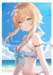  1girl arm_strap bikini bird blonde_hair blue_ribbon blue_sky blush breasts cloud feather_hair_ornament feathers flower genshin_impact hair_between_eyes hair_flower hair_ornament highres lumine_(genshin_impact) medium_breasts nasii ocean outdoors ribbon seagull short_hair_with_long_locks sidelocks sky solo swimsuit upper_body white_bikini white_flower yellow_eyes 