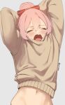  1girl blush bottomless bow brown_sweater closed_eyes grey_background hair_bow long_sleeves navel open_mouth original out-of-frame_censoring pink_hair red_bow simple_background skeptycally solo sweater tears twitter_username yawning 