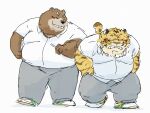  2023 anthro bear belly big_belly black_nose blush bottomwear brown_body clothing duo eyes_closed felid hi_res kemono male mammal overweight overweight_male pantherine pants pommn_mn shirt tiger topwear 