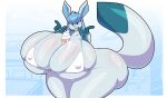  absurd_res anthro big_breasts big_butt bikini blue_body breasts butt canid canine cleavage clothed clothing dessert digital_media_(artwork) eeveelution female feral fingers food fox fur generation_4_pokemon glaceon hi_res huge_breasts huge_butt hyper ice_cream looking_at_viewer mammal nintendo nipples pokemon pokemon_(species) simple_background smile solo swimwear tail thiccbuns thick_thighs tongue topwear white_bikini white_clothing white_swimwear 