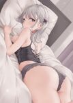  1girl ass bed black_camisole bow breast_press breasts brown_eyes camisole closed_mouth curtains earrings grey_hair grey_panties hair_bow highres jewelry long_hair lying medium_breasts on_bed on_stomach original panties pillow pillow_grab solo stud_earrings underwear wing_(aiastor) 