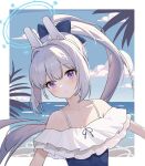  1girl absurdres animal_ears bare_shoulders blue_archive blue_bow blue_halo blue_one-piece_swimsuit blue_sky blush border bow closed_mouth cloud day facing_viewer fake_animal_ears frilled_one-piece_swimsuit frills grey_hair hair_bow halo highres kulomi long_hair looking_ahead miyako_(blue_archive) miyako_(swimsuit)_(blue_archive) off-shoulder_one-piece_swimsuit off_shoulder official_alternate_costume one-piece_swimsuit outdoors ponytail purple_eyes sidelocks sky smile solo swimsuit two-tone_one-piece_swimsuit upper_body white_border 