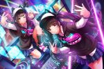  2girls animal_ears animal_hat baseball_cap black_hair black_nails black_socks blue_skirt blunt_bangs bracelet card_(medium) cat_ears cat_hat collared_shirt cosplay crossover d4dj denonbu fake_animal_ears fanny_pack game_cg grin hat jewelry kaibara_michiru kurogane_tama kurogane_tama_(cosplay) long_hair long_sleeves looking_at_viewer multiple_girls nail_polish official_art one_eye_closed open_mouth outdoors paw_print plaid plaid_skirt pleated_skirt poncho shirt short_hair skirt smile socks turntable twintails v white_shirt yellow_eyes 