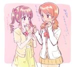  2girls amezawa_koma blush bow bowtie brown_eyes brown_hair cherry_print commentary_request cowboy_shot dress drill_hair food_print hojo_karen holding_another&#039;s_hair idolmaster idolmaster_cinderella_girls jacket looking_at_another multiple_girls ogata_chieri open_mouth orange_hair print_dress red_bow red_bowtie short_sleeves sidelocks sketch skirt smile translation_request twin_drills twintails white_jacket 