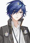  1boy alternate_costume blue_eyes blue_hair collared_shirt cosplay cropped_arms earbuds earbuds_around_neck earphones expressionless eyewear_on_head glasses grey_background highres jacket kobayashiyouyouko looking_to_the_side male_focus narukami_yuu narukami_yuu_(cosplay) parted_lips persona persona_3 shirt short_hair yuuki_makoto 