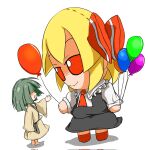  2girls ascot balloon barefoot black_skirt black_vest blonde_hair closed_mouth cosplay frilled_shirt_collar frills from_side full_body fumo_(doll) green_hair highres holding holding_balloon kusa_tsuku looking_at_another multiple_girls open_mouth puffy_short_sleeves puffy_sleeves red_ascot red_eyes red_footwear rumia rumia_(cosplay) shirt short_sleeves simple_background skirt skirt_set standing touhou vest white_background white_shirt 
