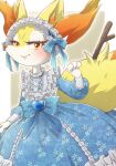  1girl animal_ear_fluff animal_ears animal_hands animal_nose blue_bow blue_gemstone blush body_fur border bow braixen brown_background closed_mouth clothed_pokemon commentary_request dress flat_chest floral_print fox_ears fox_girl fox_tail frilled_dress frilled_hairband frills furry furry_female gem hairband half-closed_eyes hand_up happy heart highres kakiikada long_dress long_sleeves looking_at_viewer outline outside_border pokemon pokemon_(creature) red_eyes sideways_mouth simple_background smile snout solo standing stick tail two-tone_fur waving white_border white_fur white_outline yellow_fur 