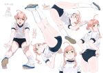  1girl :3 absurdres ahoge alternate_costume alternate_hairstyle ass breasts buruma double_bun hair_bun highres kantai_collection looking_at_viewer looking_back makigumo_(kancolle) multiple_views ojipon pink_hair rabbit shirt short_hair simple_background small_breasts spread_legs tongue tongue_out white_background white_shirt yellow_eyes 