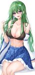  1girl 7saki absurdres bikini black_bikini blue_eyes blue_skirt breasts cleavage detached_sleeves frog_hair_ornament green_hair hair_between_eyes hair_ornament hand_in_own_hair highres kochiya_sanae large_breasts long_hair long_sleeves looking_at_viewer mole mole_on_breast navel open_mouth simple_background single_detached_sleeve sitting skirt smile solo swimsuit touhou white_background 