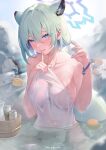  1girl absurdres alcohol animal_ears bath bathing blue_archive blue_eyes blurry blurry_background blush bottle breasts character_doll choko_(cup) cleavage collarbone covering cup day finger_to_mouth green_hair grenade_launcher hair_between_eyes hair_ornament halo hand_up highres holding index_finger_raised jwthor large_breasts long_hair looking_at_viewer nail_polish naked_towel nodoka_(blue_archive) nude_cover official_alternate_costume onsen open_mouth outdoors partially_submerged purple_halo rock sake_bottle see-through shigure_(blue_archive) shigure_(hot_spring)_(blue_archive) short_hair shushing sidelocks smile solo steam tail tongue tongue_out towel upper_body water watermark weapon weasel_ears weasel_girl weasel_tail wet wet_towel white_towel 