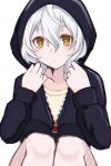  1girl arms_up black_hoodie bright_pupils code_vein cropped_legs hood hoodie io_(code_vein) looking_at_viewer namnahcaka short_hair sitting solo white_hair white_pupils yellow_eyes zipper_pull_tab 