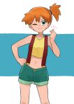  1girl ;) closed_mouth commentary_request finger_heart green_eyes green_shorts hand_on_own_hip hand_up highres matarou0625 misty_(pokemon) navel one_eye_closed orange_hair pokemon pokemon_(anime) pokemon_(classic_anime) shirt short_shorts shorts side_ponytail sleeveless sleeveless_shirt smile solo suspenders yellow_shirt 