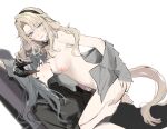  2girls animal_ears arknights black_pants black_shirt blonde_hair blush breast_sucking breasts clothed_female_nude_female cowgirl_position cum dog_ears dog_girl dog_tail dragon_girl dragon_horns earclip erection floppy_ears futa_with_female futanari grey_eyes grey_hair highres horns joshua_(shisanli934) kirsten_(arknights) long_hair looking_at_viewer medium_breasts multiple_girls naked_shirt nipples nude open_clothes open_shirt pants penis reclining saria_(arknights) sex shirt simple_background straddling tail white_background 