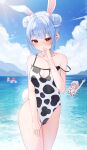  4girls absurdres animal_ear_fluff animal_ears animal_print arm_up armpits bare_shoulders beach bikini bird blonde_hair blue_hair blue_sky blush breasts cleavage cloud collarbone covered_navel cow_print cow_print_bikini dark-skinned_female dark_skin day double_bun elf extra_ears grey_hair groin hair_bun highleg highleg_swimsuit highres hikimayu hololive houshou_marine innertube large_breasts long_hair looking_at_viewer medium_hair multicolored_hair multiple_girls ocean one-piece_swimsuit outdoors pointy_ears rabbit-shaped_pupils rabbit_ears rabbit_girl rabbit_tail red_eyes red_hair shiranui_flare shirogane_noel short_eyebrows sky small_breasts smile strap_slip swimsuit symbol-shaped_pupils tail thick_eyebrows thighs twintails two-tone_hair tyabesu usada_pekora virtual_youtuber water waving white_hair 