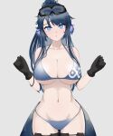  1girl absurdres alternate_costume animal_ears arknights astgenne_(arknights) baron_kinoko bikini bird_ears black_gloves black_thighhighs blue_bikini blue_eyes blue_hair blush breasts bright_pupils cleavage cowboy_shot diamond-shaped_pupils diamond_(shape) embarrassed furrowed_brow gloves goggles goggles_on_head grey_background groin halterneck highres large_breasts long_hair looking_at_viewer micro_bikini navel parted_lips ponytail rhine_lab_logo sidelocks simple_background solo standing stomach string_bikini sweatdrop swimsuit symbol-shaped_pupils thigh_gap thighhighs white_pupils wristband 