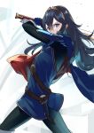  1girl ameno_(a_meno0) armor black_sweater blue_cape blue_eyes blue_gloves blue_hair cape commentary_request falchion_(fire_emblem) fire_emblem fire_emblem_awakening gloves hair_between_eyes holding holding_sword holding_weapon long_hair long_sleeves looking_at_viewer lucina_(fire_emblem) pauldrons red_cape ribbed_sweater shoulder_armor solo sweater sword tiara two-tone_cape weapon 