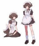  1girl 2girls akiyama_yukari alternate_costume apron back_bow black_dress black_footwear black_thighhighs bow bowtie brown_eyes brown_hair closed_mouth commentary dress enmaided frilled_dress frills girls_und_panzer grey_bow grey_bowtie highres kneeling large_bow loafers looking_at_viewer maid maid_apron maid_headdress messy_hair multiple_girls multiple_views puffy_short_sleeves puffy_sleeves ri_(qrcode) shoes short_dress short_hair short_sleeves simple_background skirt_hold smile socks standing thighhighs white_apron white_background white_socks 