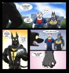  2022 ace_the_bat-hound anthro anubis_(dc_league_of_super-pets) black_body black_fur canid canine canis city city_background clothing comic dc_league_of_super-pets domestic_dog fur grey_body grey_fur group hand_holding hi_res jacket krypto krypto_the_superdog male mammal simple_background sky speech_bubble teeth text topwear trio white_body white_fur zurdomon 