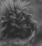  abstract_background absurdres armor chaos_(warhammer) cloak cloud death_guard demon_primarch feathers gauntlets greyscale highres holding holding_weapon hood jinwoopark layered_armor mask monochrome mortarion power_armor primarch respirator scythe shoulder_armor signature silence_(weapon) skull torn_cloak torn_clothes warhammer_40k weapon 