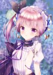  atelier_(series) atelier_lydie_&amp;_suelle black_bow blunt_bangs blush bow choker detached_sleeves headdress looking_at_viewer lydie_marlen open_mouth outdoors pink_eyes pink_hair purple_ribbon ribbon ribbon_choker shizuki_ayame short_hair side_ponytail sideless_outfit single_detached_sleeve striped water_drop 