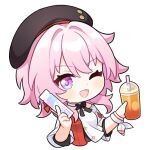  1girl beret black_bow black_headwear blue_eyes blush bow check_commentary chibi commentary_request copyright_name cropped_torso cup detached_collar disposable_cup drink drinking_straw hands_up hat holding holding_drink honkai:_star_rail honkai_(series) jiu_fanglianhua layered_clothes looking_at_viewer march_7th_(honkai:_star_rail) march_7th_(kfc)_(honkai:_star_rail) medium_hair one_eye_closed open_mouth pink_hair purple_eyes smile solo two-tone_eyes 