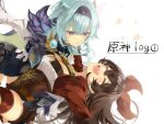  2girls amber_(genshin_impact) arm_up black_gloves black_hairband black_shorts blue_gemstone blue_hair blush breasts brown_hair brown_shorts closed_eyes closed_mouth collared_jacket eula_(genshin_impact) flower fur-trimmed_jacket fur_trim gem genshin_impact gloves goggles goggles_around_neck hair_between_eyes hair_ribbon hairband happy jacket juliet_sleeves long_hair long_sleeves looking_at_another looking_down medium_breasts multiple_girls naruka_(ynarukay) open_clothes open_jacket open_mouth orange_flower puffy_sleeves red_jacket red_ribbon red_thighhighs ribbon short_shorts shorts simple_background smile standing teeth thighhighs tongue vision_(genshin_impact) white_background white_jacket 