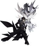 2boys bad_id bad_pixiv_id black_gloves black_hair blue_eyes boots elbow_gloves gloves grey_footwear hand_on_hip highres jacket multiple_boys open_mouth pale_skin personification pokemon reshiram second-party_source simple_background spiked_hair starshadowmagician sunglasses upside-down white_background white_hair yara_kami_meiosei zekrom 