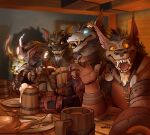  2023 4_fingers anthro blizzard_entertainment canid clothed clothing detailed_background fingers gloves glowing glowing_eyes grin group handwear horn inside male mammal open_mouth smile tavern warcraft were werecanid weremagnus worgen 
