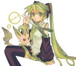  1girl bare_shoulders black_footwear blush boots closed_mouth collared_shirt detached_sleeves food green_eyes green_hair green_necktie hair_between_eyes hatsune_miku holding holding_food holding_spring_onion holding_vegetable leafeon long_hair long_sleeves malan necktie pokemon pokemon_(creature) shirt sidelocks simple_background smile solo spring_onion thigh_boots twintails vegetable very_long_hair vocaloid white_background white_shirt 