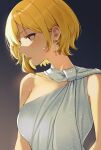  1girl alternate_costume bare_shoulders blonde_hair breasts collarbone dress earrings hievasp highres hololive hololive_indonesia jewelry kaela_kovalskia parted_lips red_eyes short_hair solo standing virtual_youtuber 