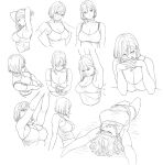  1girl armpits arms_up breasts choker cleavage closed_eyes collarbone commentary_request cosmic_bear hair_between_eyes highres large_breasts lineart lying multiple_views on_back open_mouth original panties short_hair stretching underwear 