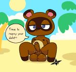  animal_crossing anthro balls beach belly big_balls bodily_fluids brown_body brown_fur canid canine dialogue digital_media_(artwork) english_text erection exhibitionism foreskin fur genitals huge_balls humanoid_genitalia humanoid_penis jasbun07 looking_at_viewer male mammal musk narrowed_eyes nintendo nipples nude outside penis presenting presenting_penis raccoon_dog sand seaside solo spread_legs spreading sweat sweatdrop sweaty_balls sweaty_genitalia tanuki text tom_nook_(animal_crossing) water 