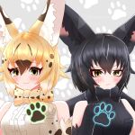  2girls animal_ears bare_shoulders black_hair black_serval_(kemono_friends) blonde_hair bow bowtie cat_ears cat_girl elbow_gloves extra_ears gloves grey_background highres kemono_friends looking_at_viewer multiple_girls nijiiro_(graynbow_wolf) serval_(ex4)_(kemono_friends) shirt short_hair simple_background sleeveless sleeveless_shirt yellow_eyes 