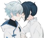  2boys blue_eyes blue_hair blush chongyun_(genshin_impact) collar earrings eye_contact facing_another frilled_collar frilled_shirt frilled_shirt_collar frills genshin_impact hand_on_wall highres hnnoo holding_hands hood hood_down hoodie imminent_kiss interlocked_fingers jewelry light_blue_hair looking_at_another male_focus multiple_boys no_coat parted_lips shirt simple_background single_earring sweat tassel tassel_earrings white_background white_hoodie white_shirt xingqiu_(genshin_impact) yaoi yellow_eyes 
