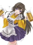  1girl alcohol apron artist_name beer beer_mug breasts brown_hair cup floating_hair frilled_apron frills highres holding holding_cup japanese_clothes jun_(rellik_&amp;_redrum) kimono leaning_to_the_side long_hair maid_apron medium_breasts mug muvluv muvluv_alternative muvluv_total_eclipse open_mouth purple_skirt sidelocks skirt solo takamura_yui very_long_hair wa_maid walking white_apron white_background yellow_kimono 