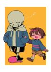  1boy 1other =_= androgynous black_shorts blue_hoodie blue_shirt brown_hair child chromatic_aberration closed_eyes frisk_(undertale) grin highres holding holding_clothes hood hoodie long_sleeves menma_(enaic31) multiple_others musical_note open_mouth sans shirt short_hair shorts skeleton slippers smile striped striped_shirt teeth undertale walking watermark white_hood 