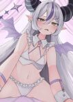  1girl absurdres ahoge bat_wings black_horns bra braid braided_bangs breasts earrings fang frilled_panties frills grey_hair heart heart_in_eye highres hololive horns jewelry la+_darknesss long_hair multicolored_hair mutsumi326 navel panties pointy_ears purple_hair small_breasts streaked_hair striped_horns sweat symbol_in_eye tongue underwear virtual_youtuber white_bra white_panties wings yellow_eyes 