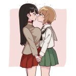  2girls after_kiss aoi_kujira asymmetrical_docking blush breast_press breasts bulge erection erection_under_clothes eye_contact facing_another from_side futanari girls_und_panzer heart holding_hands interlocked_fingers large_breasts long_hair looking_at_another multiple_girls nishi_kinuyo nishizumi_miho nose_blush pleated_skirt saliva saliva_trail school_uniform short_hair simple_background skirt straight_hair sweatdrop two-tone_background very_long_hair yuri 